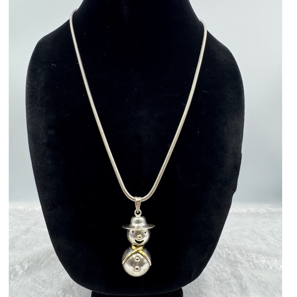 Snowman Pendant Necklace Shiny Silver‎ Tone Festive Winter Holiday Jewelry